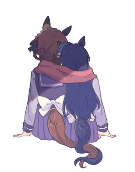 2girls animal_ears blue_hair bow bowtie braid braided_hair_rings brown_hair ear_covers ear_ornament ears_through_headwear from_behind gentildonna_(umamusume) hair_ornament hair_rings highres horse_ears horse_girl horse_tail kuro_(not_sinus) long_hair multiple_girls pink_scarf pleated_skirt purple_sailor_collar purple_serafuku purple_shirt purple_skirt sailor_collar scarf school_uniform serafuku shared_clothes shared_scarf shirt simple_background single_ear_cover skirt tail tracen_school_uniform umamusume verxina_(umamusume) white_background white_bow white_bowtie yuri