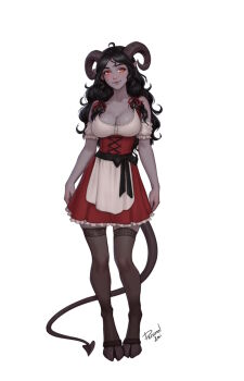 1girl black_hair breasts cleavage colored_skin demon_tail draenei full_body grey_skin highres hooves horns large_breasts long_hair looking_at_viewer personal_ami red_eyes short_sleeves simple_background smile solo tail thighhighs warcraft white_background world_of_warcraft