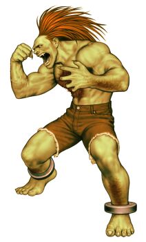 Rule 34 | 1boy, absurdres, arm hair, arms up, barefoot, blanka, capcom vs. snk, chest hair, clenched hand, colored skin, fangs, fingernails, full body, game cg, green skin, highres, leg hair, looking to the side, male focus, mori toshiaki, muscular, muscular male, no pupils, non-web source, official art, open mouth, orange hair, outstretched arms, pants, sharp fingernails, sharp teeth, sharp toenails, solo, street fighter, teeth, toenails, topless male, torn clothes, torn pants, veins, veiny arms, white background
