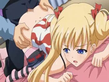 Rule 34 | 1boy, 1girl, akizuki airi, animated, animated gif, bed, bed sheet, belt, belt buckle, buckle, censored, clothed sex, clothes pull, curtains, doggystyle, english text, grabbing another's ass, groping, hair ornament, hair ribbon, hetero, indoors, long twintails, looking back, moaning, mosaic censoring, no shoes, on bed, oni chichi, penis, pillow, ribbon, sex, sex from behind, sheet grab, shorts, shorts pull, solo focus, striped clothes, striped thighhighs, subtitled, tagme, thighhighs, top-down bottom-up, twintails