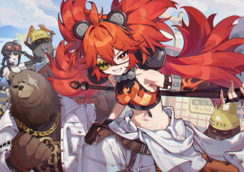 1boy 2girls absurdres amamiyayk bangboo_(zenless_zone_zero) ben_bigger black_gloves black_hair chain chain_necklace double-parted_bangs eyepatch feet_out_of_frame fingerless_gloves furry furry_male gloves grace_howard grin hair_intakes hand_up hashtag-only_commentary highres holding jewelry koleda_belobog long_bangs long_hair looking_at_viewer multiple_girls navel necklace outdoors panties red_hair safety_(zenless_zone_zero) sharp_teeth smile stomach teeth twintails underwear v-shaped_eyebrows white_panties zenless_zone_zero