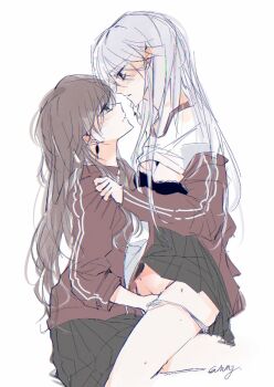 2girls bang_dream! black_skirt blush brown_hair closed_mouth commentary_request earrings fingering grey_hair hand_on_another&#039;s_shoulder imai_lisa jacket jewelry minato_yukina multiple_girls panties panties_around_leg parted_lips pleated_skirt red_jacket shirt simple_background skirt straddling track_jacket underwear white_background white_panties white_shirt xizhou_maomao yuri