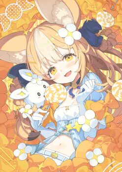 1girl :d amemochi_nina animal_ear_fluff animal_ears blonde_hair blue_dress bow braid breasts brown_bow candy cleavage commentary_request dress elbow_gloves food gloves grey_hair hair_ornament hair_rings hairclip highres lollipop looking_at_viewer multicolored_hair open_mouth puffy_short_sleeves puffy_sleeves shoes short_sleeves small_breasts smile solo sparkle swirl_lollipop tam-u twin_braids two-tone_hair varium virtual_youtuber white_gloves white_shoes yellow_eyes