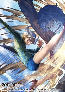 2boys attack blank_eyes blonde_hair blue_gilly blue_shorts clenched_teeth commentary_request copyright_name dellinger_(one_piece) earrings hat high_heels horned_hat jewelry kicking koushi_rokushiro long_sleeves lower_eyelashes_only male_focus multiple_boys official_art one_piece one_piece_card_game open_mouth short_hair shorts teeth white_hat