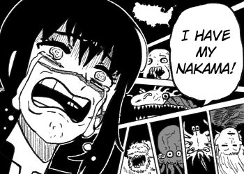 1girl chainsaw_man commentary crying crying_with_eyes_open english_commentary facial_scar greyscale long_hair monochrome monster open_mouth scar scar_on_cheek scar_on_face scar_on_nose speech_bubble tears teeth united_states wanderjegson yoru_(chainsaw_man)