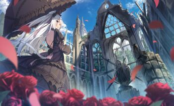 1girl animal_ear_fluff animal_ears back backless_dress backless_outfit black_collar black_dress black_pantyhose black_umbrella blue_sky cat_ears cat_girl cat_tail church clock clock_tower clothing_cutout cloud collar crinoline day dress fang flower frilled_collar frilled_dress frilled_umbrella frills from_behind from_below hair_ribbon hairband holding holding_umbrella lolita_fashion lolita_hairband long_dress long_hair long_sleeves looking_to_the_side original outdoors pantyhose parasol parted_lips petals purple_eyes purple_ribbon red_flower red_rose ribbon rose rose_petals ruins shiro_youduki sidelocks skin_fang sky solo standing statue tail tail_raised tail_through_clothes tower umbrella white_hair wide_sleeves