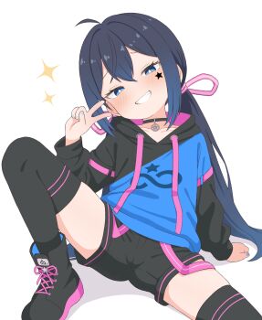1girl ahoge arm_support black_choker black_hair black_hoodie black_shorts black_thighhighs blue_eyes blue_hair blue_hoodie blue_nails blush choker collarbone commission double-parted_bangs drawstring facial_mark gradient_hair grin hair_between_eyes hair_ribbon half-closed_eyes hand_up head_tilt hood hood_down hoodie indie_virtual_youtuber knee_up loli long_hair long_sleeves looking_at_viewer low_twintails mugen_mochi multicolored_hair nail_polish pixiv_commission ribbon shoes short_shorts shorts sidelocks simple_background sitting smile smug sneakers solo sparkle spread_legs star_(symbol) star_facial_mark thighhighs tooteki twintails two-tone_hoodie v virtual_youtuber white_background