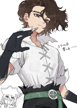 1boy belt black_gloves black_pants brown_eyes brown_hair chibi chibi_inset collar collarbone curly_hair dr._stone gloves green_belt hair_between_eyes hat highres holding holding_pen kani_diggy male_focus nanami_ryuusui nanami_sai pants pen pirate pirate_hat pointing pointing_at_self shirt short_hair simple_background smile solo_focus thick_eyebrows white_background white_shirt