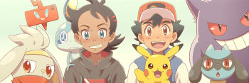 2boys :d antenna_hair ash_ketchum baseball_cap black_hair blush brown_hair clenched_teeth commentary_request cyaneko eyelashes gen_1_pokemon gen_4_pokemon gen_8_pokemon gengar goh_(pokemon) hat jacket looking_at_viewer multiple_boys nintendo open_mouth pikachu pokemon pokemon_(anime) pokemon_(creature) pokemon_journeys pokemon_on_back raboot riolu rotom rotom_phone smile sobble teeth tongue upper_teeth_only