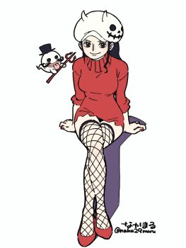 1girl artist_name black_hair blush breasts brown_eyes closed_mouth commentary crossed_legs dress facial_hair fake_horns fishnet_thighhighs fishnets flat_color full_body ghost halloween hat high_heels horned_hat horned_headwear horns long_hair looking_at_viewer medium_breasts mustache nail_polish naka29maru nico_robin one_piece polearm red_shoes red_sweater shoes signature simple_background sitting skull_print smile solo_focus sweater sweater_dress thighhighs top_hat trident twitter_username weapon white_background white_hat