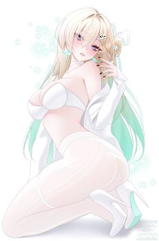 1girl blonde_hair bra breasts green_hair highres hissnokiss large_breasts lynae_(wuthering_waves) multicolored_hair panties pantyhose purple_eyes see-through_pantyhose shirt simple_background solo twisted_torso two-tone_hair underwear white_background white_bra white_panties white_pantyhose white_shirt wuthering_waves