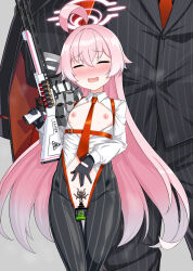 1girl 1other absurdres ahoge alternate_costume alternate_universe bar_censor belly belly_rub bimbofication black_gloves black_pants blue_archive blue_eyes blush braces breastless_clothes breasts censored closed_eyes collared_shirt corruption dark_persona defeat dildo embarrassed fang gloves gozaru gun halo hand_on_another&#039;s_shoulder hand_on_own_stomach heterochromia highres hip_bones holding holding_gun holding_weapon hoshino_(blue_archive) huge_ahoge kaiser_pmc_director_(blue_archive) loli long_hair long_sleeves mind_control necktie netorare object_insertion open_mouth pants pink_hair pink_halo pubic_tattoo pussy red_necktie satisfied sex_toy shirt small_breasts small_nipples striped_clothes striped_pants tattoo vaginal vaginal_object_insertion weapon yellow_eyes