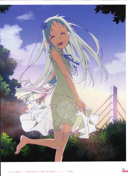1girl absurdres ano_hi_mita_hana_no_namae_wo_bokutachi_wa_mada_shiranai. barefoot blue_sky closed_eyes dress facing_viewer flower forget-me-not_(flower) hair_flower hair_ornament highres honma_meiko incredibly_absurdres long_hair open_mouth outdoors scan see-through_silhouette sky smile solo standing standing_on_one_leg sun tanaka_masayoshi white_dress