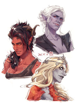 Rule 34 | 3girls, asahi (baiyameng), baldur's gate, baldur's gate 3, black eyeshadow, black hair, blonde hair, broken horn, collarbone, colored skin, dark elf, demon horns, dungeons & dragons, dungeons &amp; dragons, elf, eyeshadow, grey skin, headpiece, highres, horns, karlach, looking at viewer, makeup, medium hair, minthara, multicolored hair, multiple girls, orin the red, pointy ears, portrait, purple skin, red eyes, red skin, short hair, simple background, smile, streaked hair, tiefling, white background, white hair
