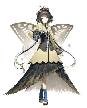 1girl black_bodice black_hair bug butterfly butterfly_wings colored_inner_hair commentary_request dress fagi_(kakikaki) flower_wreath full_body insect insect_wings multicolored_hair original sandals short_hair_with_long_locks simple_background smile solo standing white_background wings yellow_dress