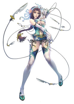 1girl between_fingers blue_eyes boots braid breasts brown_hair eat eat0123 elbow_gloves female_focus gloves holding knife legs lips long_hair original panties solo thigh_boots thighhighs underboob underwear weapon