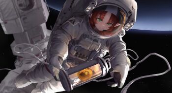 Rule 34 | 1girl, absurdres, apple, arknights, astronaut, blush, earth (planet), food, fruit, golden apple, green eyes, helmet, highres, ky dako, long hair, myrtle (arknights), planet, pointy ears, red hair, rhodes island logo (arknights), smile, solo, space, space helmet, space station, spacesuit