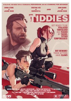 1boy 2girls absurdres artist_self-insert beard black_gloves borrowed_character breasts brown_hair cargo_pants cigarette commentary elbow_gloves english_text eyepatch facial_hair fingerless_gloves gloves gun hair_ribbon halterneck highres holster jane_doe_(john_doe_(jdart)) john_doe_(jdart) large_breasts lips lying movie_poster_(medium) multiple_girls muscular muscular_female nose on_one_knee on_stomach one-eyed original pants partially_fingerless_gloves ponytail rabbit_eyepatch red-framed_eyewear red-tinted_eyewear red_eyes red_hair ribbon rifle scope serenya short_hair shoulder_holster sleeveless smoking sniper_rifle throat_microphone tinted_eyewear toned trigger_discipline tripod very_short_hair weapon