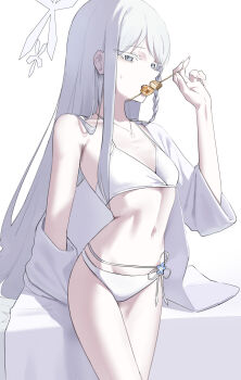 Rule 34 | 1girl, arm behind back, bikini, blue archive, blush, braid, breasts, colored eyelashes, commentary request, cowboy shot, eating, full body, grey eyes, hair intakes, hair ornament, hair over shoulder, halo, haori, haori partially removed, highres, holding, holding own arm, holding skewer, japanese clothes, jewelry, legs, long hair, long sidelocks, looking at viewer, navel, necklace, official alternate costume, pale skin, sandals, sazangaku, side braid, sidelocks, single braid, skewer, sleeves past wrists, small breasts, smile, snowflake hair ornament, solo, stomach, straight hair, string bikini, sweatdrop, swimsuit, v, very long hair, white background, white bikini, white eyelashes, white hair, white haori