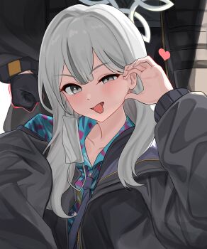 1girl absurdres black_gloves black_necktie blue_archive blue_shirt bonefire0909 clenched_hand collarbone commentary floral_print floral_print_shirt gloves grey_eyes grey_hair grey_halo grey_jacket halo hawaiian_shirt highres jacket konoka_(blue_archive) long_hair long_sleeves looking_at_viewer necktie open_clothes open_mouth print_shirt shirt tongue tongue_out untranslatable_commentary