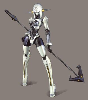 1girl blunt_bangs bob_cut breasts brown_background full_body high_heels highres holding holding_polearm holding_weapon mecha_musume medium_breasts medium_hair momo_(optune) nakakita_kouji no_humans optune original polearm science_fiction second-party_source simple_background solo spear standing weapon white_hair wrist_cuffs yellow_eyes