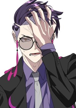 1boy akisame_kanon arm_up black_coat coat commentary_request corbeau_(pokemon) glasses hand_on_own_face highres lapels layered_sleeves long_sleeves looking_at_viewer lower_teeth_only male_focus necktie nintendo open_clothes open_coat open_mouth parted_bangs pokemon pokemon_legends:_z-a purple_hair purple_shirt round_eyewear shirt short_hair simple_background solo teeth upper_body white_background white_necktie wing_collar yellow_eyes