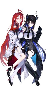 2girls absurdres ahoge argyle_clothes argyle_pantyhose arm_belt asymmetrical_dress asymmetrical_horns asymmetrical_legwear bare_shoulders belt black_bow black_bowtie black_dress black_gloves black_hair black_jacket black_pantyhose black_shoes black_skirt black_thighhighs black_vest blue_fire blue_hair bow bowtie breast_strap breasts closed_mouth clothing_cutout coattails collared_shirt colored_inner_hair commentary crystal_horns demon_horns detached_sleeves dress dress_shirt elizabeth_rose_bloodflame elizabeth_rose_bloodflame_(1st_costume) feather-trimmed_jacket feather-trimmed_sleeves fire fire_on_chest flower framed_breasts full_body garter_straps gloves hair_between_eyes hair_ornament half-skirt halterneck hand_on_another&#039;s_shoulder hand_up high_heels highres hololive hololive_english horn_flower horns huge_ahoge jacket large_breasts layered_skirt long_hair long_sleeves looking_at_viewer miniskirt mismatched_legwear mole mole_under_eye multicolored_hair multiple_belts multiple_girls nerissa_ravencroft nerissa_ravencroft_(1st_costume) o-ring o-ring_legwear o-ring_thigh_strap off_shoulder overskirt pantyhose parted_lips pencil_skirt print_thighhighs pumps red_eyes red_hair red_skirt ribbed_shirt shirt shoes shoulder_cutout side_slit simple_background single_garter_strap single_leg_pantyhose single_thighhigh skirt smile symbol-only_commentary tassel tassel_hair_ornament thekaiyip thigh_strap thighhighs two-tone_hair underbust uneven_horns uneven_legwear very_long_hair vest virtual_youtuber waistcoat white_background white_dress white_jacket white_shirt white_sleeves white_thighhighs