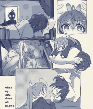 2girls ahoge bed black_robe blanket cloak closed_eyes comic dorm feather_hair_ornament feathers greyscale hair_intakes hair_ornament hairclip harry_potter_(series) highres hogwarts_school_uniform hololive hololive_english hood hooded_cloak kisuu_(oddnumberr_) long_hair monochrome multicolored_hair multiple_girls nanashi_mumei ouro_kronii pillow ponytail robe school_uniform short_hair silent_comic sleeping streaked_hair very_long_hair virtual_youtuber wizarding_world |_|