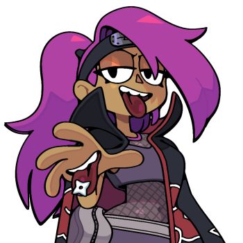 Rule 34 | 1girl, akatsuki uniform, black headband, cosplay, dark-skinned female, dark skin, deidara (naruto), deidara (naruto) (cosplay), discount-supervillain, enid (ok k.o.!), fishnet top, fishnets, forehead protector, half-closed eyes, hand mouth, hand up, headband, long hair, looking at viewer, naruto (series), navel, ninja, ok k.o.! let's be heroes, open mouth, ponytail, pouch, purple hair, shuriken, smile, solo, teeth, tongue, tongue out, transparent background, upper body, upper teeth only, weapon