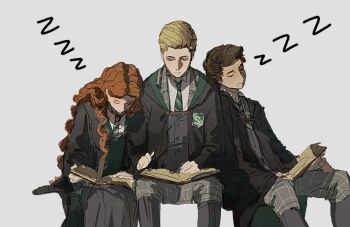 Rule 34 | 1girl, 2boys, black robe, blonde hair, blue eyes, book, brown hair, closed mouth, green necktie, green vest, grey pants, grey skirt, grey vest, gynger edventray (hiiragimare), hair slicked back, hiiragimare, hogwarts legacy, hogwarts school uniform, holding, holding book, hooded robe, leaning on person, long hair, multiple boys, necktie, oc x canon, ominis gaunt, original, pants, parted hair, red hair, robe, school uniform, sebastian sallow, short hair, simple background, sitting, skirt, sleeping, slytherin, vest, white background, wizarding world, zzz