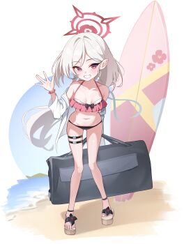 1girl absurdres alternate_costume bag bikini black_bikini black_bow black_flower blue_archive bow bracelet breasts duffel_bag flower frilled_bikini frills front-tie_bikini_top front-tie_top halo hand_up highres holding holding_bag jewelry li_se loli long_hair mismatched_bikini mutsuki_(blue_archive) navel off-shoulder_shirt off_shoulder pink_bikini pink_eyes platform_sandals pointy_ears red_halo sandals shirt shirt_partially_removed small_breasts solo stomach surfboard swimsuit thigh_strap very_long_hair white_background white_hair white_shirt