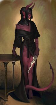 1girl alastar_(sweetlychii) baldur&#039;s_gate baldur&#039;s_gate_3 barefoot black_dress black_hair brown_background colored_skin demon_girl demon_horns demon_tail dress dungeons_&amp;_dragons dungeons_&amp;_dragons fine_art_parody full_body gradient_background highres holding holding_knife hooves horns knife long_hair long_sleeves looking_to_the_side lychii off_shoulder original parody pointy_ears portrait_of_madame_x profile red_skin scar scar_on_arm single_bare_shoulder solo sweetlychii table tail the_dark_urge_(baldur&#039;s_gate)