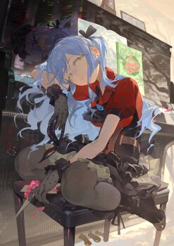 Rule 34 | 1girl, absurdres, ascot, bang dream!, bang dream! it's mygo!!!!!, black ascot, black boots, black corset, black gloves, black mask, black ribbon, blue hair, boots, brooch, chinese commentary, closed mouth, commentary request, corset, danbaofan omuless, different reflection, earrings, gloves, grey pantyhose, hair ribbon, head tilt, high heel boots, high heels, highres, holding, holding mask, instrument, jewelry, long hair, looking at viewer, mask, masquerade mask, notebook, oblivionis (bang dream!), pantyhose, paper, piano, piano bench, puffy short sleeves, puffy sleeves, red shirt, reflection, ribbon, sheet music, shirt, short sleeves, sidelocks, sitting, solo, togawa sakiko, two side up, yellow eyes