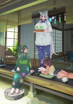 3girls animal_ears apron architecture ass barefoot basin black_shorts breasts brown_hair commentary_request day dolphin_shorts east_asian_architecture electric_fan food fox_ears fox_girl green_eyes green_hair green_kimono high_ponytail highres holding holding_notebook holding_tray house huge_breasts incense_burner japanese_clothes kappougi kayari_buta kimono long_hair looking_at_another looking_back lying medium_hair multiple_girls ne_an_ito nhk_(voiceroid) notebook on_stomach open_mouth outdoors ponytail purple_eyes relaxing shaved_ice short_shorts shorts shouji siblings sisters sitting sliding_doors smile soaking_feet standing summer tan tank_top touhoku_itako touhoku_kiritan touhoku_zunko tray veranda very_long_hair voiceroid white_apron white_hair wide_shot wind_chime yellow_tank_top