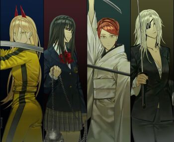 Rule 34 | 4girls, arm up, ball and chain (weapon), beatrix kiddo, beatrix kiddo (cosplay), black eyes, black hair, black pants, black suit, blazer, blonde hair, blue jacket, bow, bowtie, brown hair, bruce lee's jumpsuit, chain, chainsaw man, cigarette, closed mouth, cosplay, dual wielding, elle driver, elle driver (cosplay), eyepatch, fighting stance, formal clothes, highres, holding, holding chain, holding sword, holding weapon, horns, ishii o-ren, ishii o-ren (cosplay), jacket, japanese clothes, katana, kill bill, kimono, long hair, makima (chainsaw man), miniskirt, multiple girls, obi, obijime, orange eyes, pants, plaid clothes, plaid skirt, power (chainsaw man), quanxi (chainsaw man), red bow, red bowtie, sammuij, sash, scar, scar on face, scar on nose, school uniform, short sword, skirt, smoking, suit, sword, tantou, twitter username, very long hair, weapon, white hair, white kimono, white sash, yellow eyes, yoru (chainsaw man), yuubari gogo, yuubari gogo (cosplay)