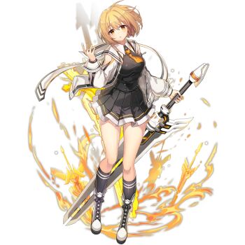 1girl ahoge artist_request black_bra black_dress black_skirt blonde_hair boots bra bra_visible_through_clothes breasts clothing_cutout dress energy_sword full_body grey_socks haru_estia highres holding holding_sword holding_weapon jacket last_origin looking_at_viewer medium_breasts miniskirt neckerchief non-web_source official_art open_clothes open_jacket parted_lips pleated_skirt sailor_collar see-through_clothes see-through_dress short_hair shoulder_cutout simple_background skirt sleeveless sleeveless_dress socks solo soulworker standing sword thighs transparent_background underwear weapon white_boots white_jacket white_sailor_collar yellow_eyes yellow_neckerchief