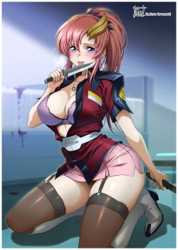 1girl absurdres black_thighhighs blood blue_eyes blush bra breasts cleavage combat_knife commentary_request garter_straps gundam gundam_seed hair_ornament highres jacket kneeling knife lacus_clyne large_breasts licking licking_blade licking_weapon looking_at_viewer miniskirt partially_unbuttoned pencil_skirt pink_hair pink_skirt ponytail purple_bra red_jacket serrated_knife short_sleeves skirt solo thighhighs tomo_eokaiteru underwear weapon