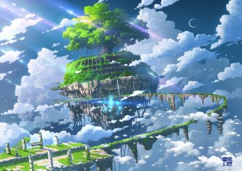 2others abandoned animal arrow_(symbol) bird bug building cityscape cloud crescent_moon day fantasy floating_rock glowing highres lamppost lens_flare moon multiple_others no_humans original outdoors overgrown oversized_animal pillar post-apocalypse railroad_tracks ruins scenery science_fiction sign sky spider stairs stone_stairs tokyogenso train tree