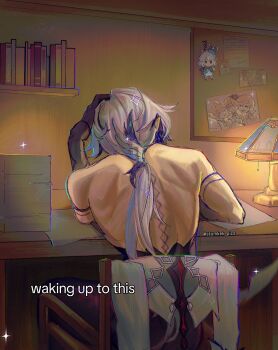 1girl arlecchino_(genshin_impact) backless_outfit bare_back bare_shoulders desk_lamp freminet_(genshin_impact) from_behind furina_(genshin_impact) genshin_impact grey_hair highres indoors lamp long_hair lynette_(genshin_impact) lyney_(genshin_impact) solo stumkek_pics upper_body