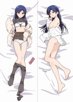 1girl absurdres black_pantyhose blue_hair blush bottomless bra brown_eyes brown_skirt cardigan censored clothes_lift clothes_pull commentary_request condom condom_wrapper dakimakura_(medium) flat_chest full_body grey_shirt heart heart_censor highres idolmaster idolmaster_(classic) idolmaster_million_live! idolmaster_million_live!_theater_days kisaragi_chihaya kisaragi_chihaya_(private_dress) long_hair long_sleeves looking_at_viewer lying miniskirt multiple_views naked_shirt nozawa_noko official_alternate_costume on_back on_side open_cardigan open_clothes open_shirt panties pantyhose pantyhose_pull shirt shirt_lift skirt skirt_lift turtleneck turtleneck_shirt underwear unworn_panties variant_set white_bra white_panties white_shirt