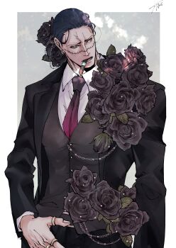 Rule 34 | 1boy, absurdres, black flower, black hair, black jacket, black rose, border, cigar, collared shirt, commentary request, crocodile (one piece), flower, formal clothes, highres, jacket, jewelry, male focus, mature male, mouth hold, multiple rings, necktie, one piece, red necktie, ring, rose, shirt, sideburns, sk c ii, smoking, solo, stitched face, stitches, suit, upper body, white border, white shirt