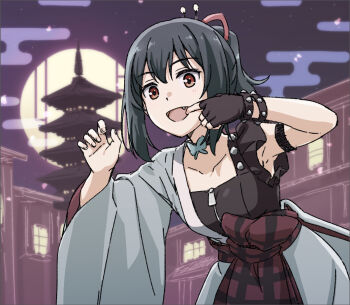 1girl :d armpits black_gloves black_hair black_shirt blue_kimono bow breasts collarbone commentary_request cowboy_shot fang finger_in_own_mouth fingerless_gloves frilled_shirt frills front_bow gloves hadanugi_dousa itoshiki_yume_yo_izanaite japanese_clothes kimono leaning_forward love_live! love_live!_nijigasaki_high_school_idol_club love_live!_nijigasaki_high_school_idol_club_the_movie_-_finale medium_breasts mifune_shioriko official_alternate_costume open_kimono open_mouth ponytail red_bow red_eyes red_sash sakakibara_taiga sash shirt single_bare_shoulder single_fingerless_glove single_glove sleeveless sleeveless_shirt smile solo