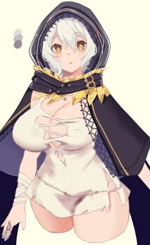 1girl bandaged_arm bandages black_cloak breasts cleavage cloak code_vein commentary_request cropped_legs dress hair_between_eyes hood hooded_cloak io_(code_vein) jewelry large_breasts looking_at_viewer microdress mrln necklace short_hair simple_background sleeveless sleeveless_dress solo torn_clothes torn_dress variant_set white_dress white_hair yellow_background yellow_eyes