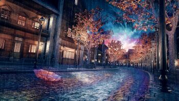 3d branch brick building commentary door fantasy highres k&amp;p_(kptseart) lamppost lantern leaf night no_humans original outdoors rain revision road scenery sky street tree urban window