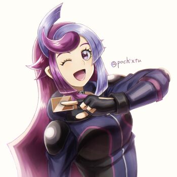 1girl ;d artist_name bessho_emma black_gloves bodysuit card commentary_request eyelashes fingerless_gloves ghost_girl_(yu-gi-oh!_vrains) gloves highres holding holding_card looking_at_viewer multicolored_hair one_eye_closed open_mouth pink_eyes pink_hair pochi_(furaigonn) purple_hair smile solo twitter_username two-tone_hair upper_body white_background yu-gi-oh! yu-gi-oh!_vrains