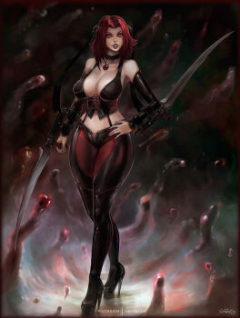 1girl blade bloodrayne bloodrayne_(videogame) boots breasts choker cleavage corset curvy detached_sleeves dhampir half-human hand_on_own_hip high_heels jewelry large_breasts looking_at_viewer monster_girl navel necklace pants rayne red_hair sharp_teeth standing teeth thick_lips thick_thighs thighs tight_clothes tight_pants undead vampire vempire wide_hips yellow_eyes