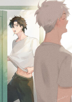 2boys abs black_eyes black_hair black_pants cheng_xiaoshi closed_eyes clothes_lift indoors lifting_own_clothes looking_at_another lu_guang male_focus messy_hair mouth_hold multiple_boys navel open_door open_mouth pants ponytail profile shiguang_dailiren shirt shirt_lift short_hair short_ponytail short_sleeves standing t-shirt toned toned_male toothbrush toothbrush_in_mouth twitter_username white_hair white_shirt yawning yoakedaxyx