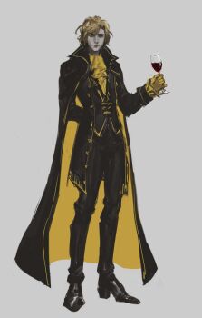 1boy ascot bill_cipher black_vest blonde_hair colored_skin cup drinking_glass formal_clothes gloves gravity_falls grey_skin highres male_focus ouji_fashion painterly realistic shirt short_hair solo suikamelony suit vampire vest wine_glass yellow_ascot yellow_gloves