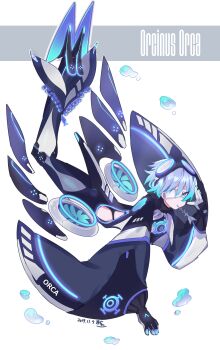 Rule 34 | 1boy, absurdres, blue eyes, blue hair, bodysuit, bubble, commentary request, dated, eyepatch, fish skeleton, full body, goggles, goggles on head, highres, light blue hair, looking at viewer, macchoko, male focus, mecha danshi, medical eyepatch, monofin, neon trim, orca, original, personification, salute, solo, white background, wide sleeves