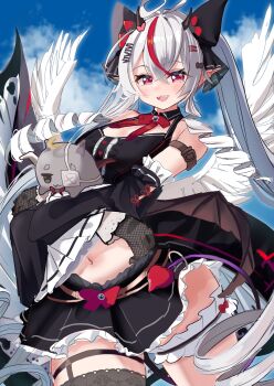 1girl absurdres angel angel_wings black_shirt black_skirt black_sleeves black_thighhighs blue_sky cloud detached_sleeves hair_ornament highres long_hair looking_at_viewer multicolored_hair outdoors phase_connect pointy_ears ratunitu_en red_eyes red_hair remilia_nephys remilia_nephys_(remi_1.0) shirt skirt sky smile solo streaked_hair teeth thigh_strap thighhighs twintails upper_teeth_only virtual_youtuber white_hair wings x_hair_ornament
